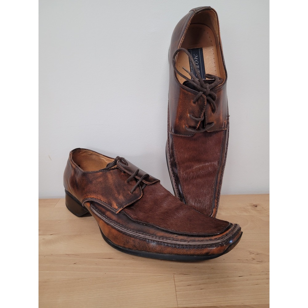 Moretti Dress Shoes Mens 11 Brown Leather Pony‎ Hair Square Toe Oxfords F515